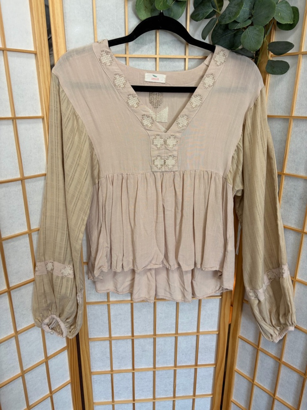 Hummingbird Boho Tunic Top in Light Beige and Olive